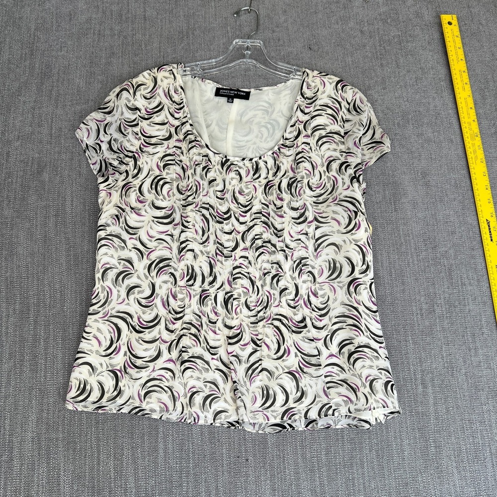 Jones New York Collection Blouse Top Women 12 Multi Swirl Print Pleated Pullover